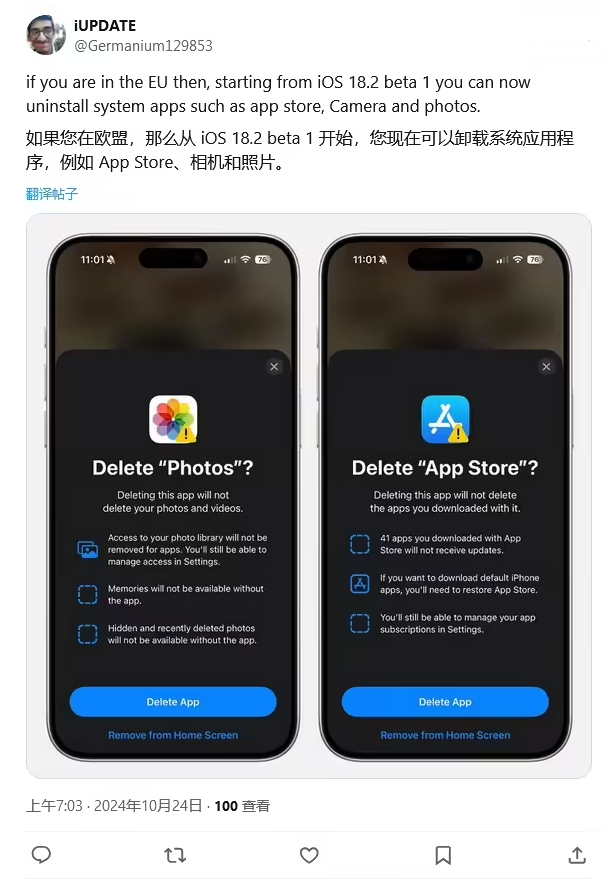 安次苹果手机维修分享iOS 18.2 支持删除 App Store 应用商店 